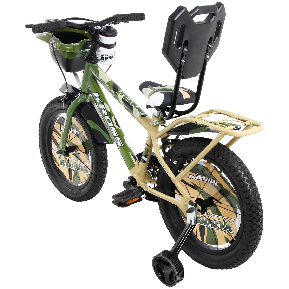 Green and black Kross Romax 20T bicycle showing rear carrier, backrest and side wheels