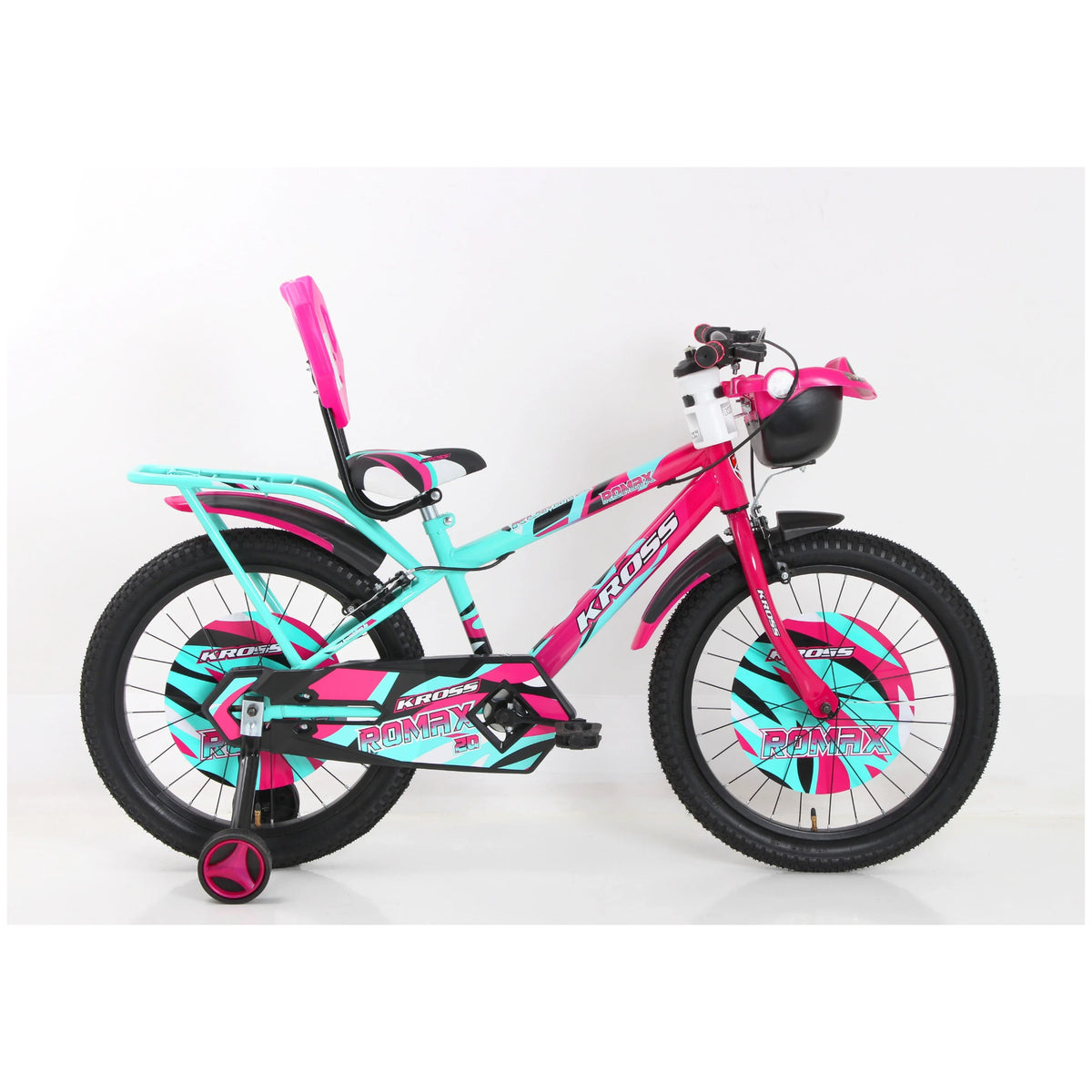 Pink and teal Kross Romax 20T cycle shown from the side with basket and training wheels