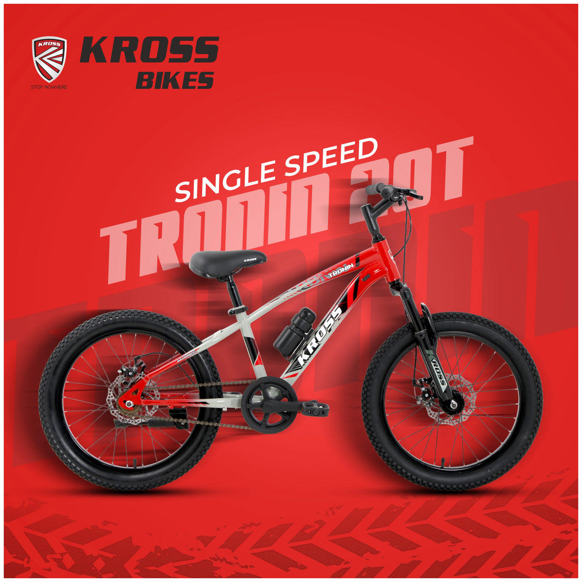  Kross Tronin 20T single speed MTB cycle in red and grey with front suspension and dual disc brakes