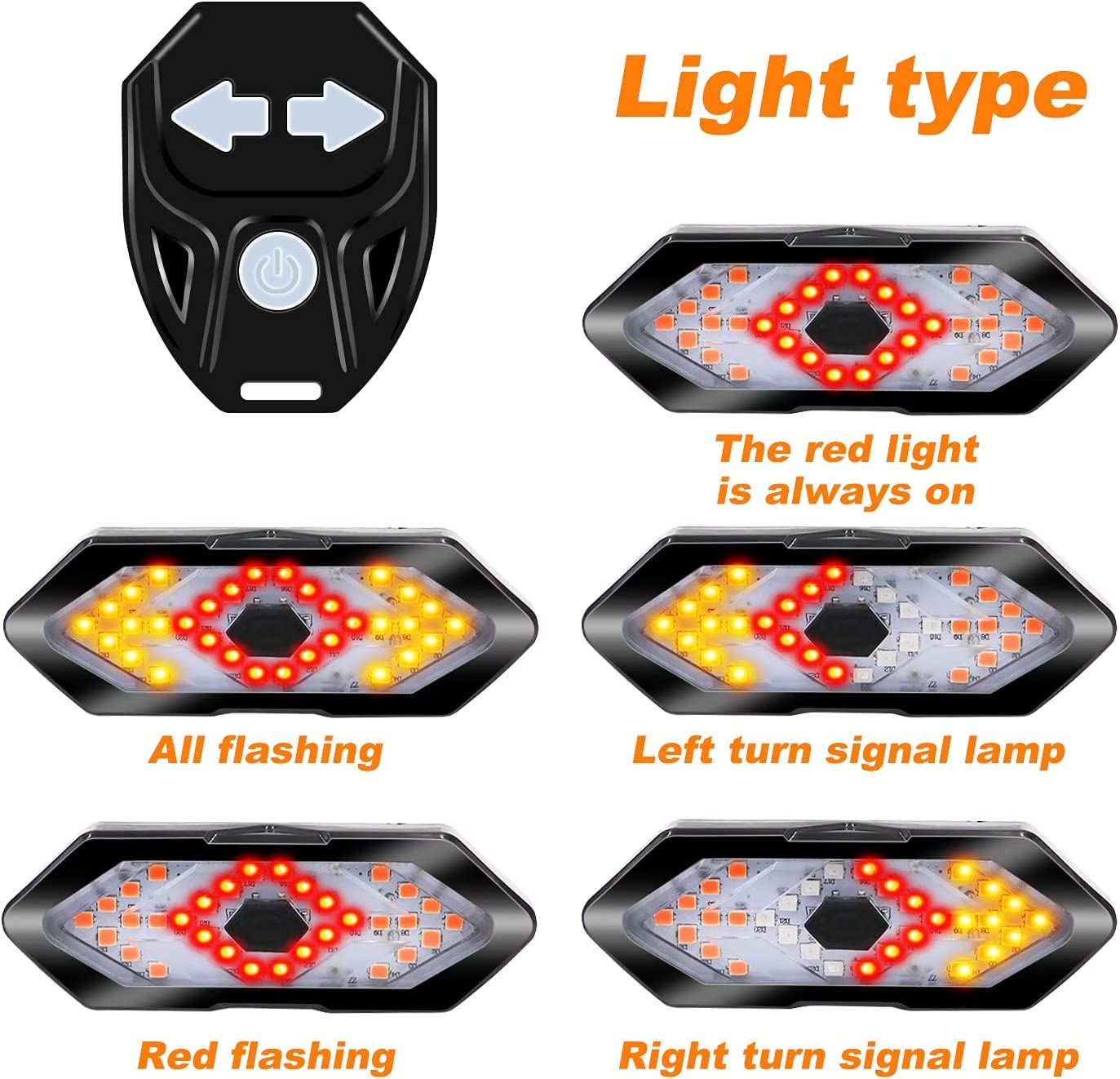 LED bicycle tail light with wireless remote control showing 5 light modes – red always on, all flashing, left/right turn signals, and red flashing pattern

