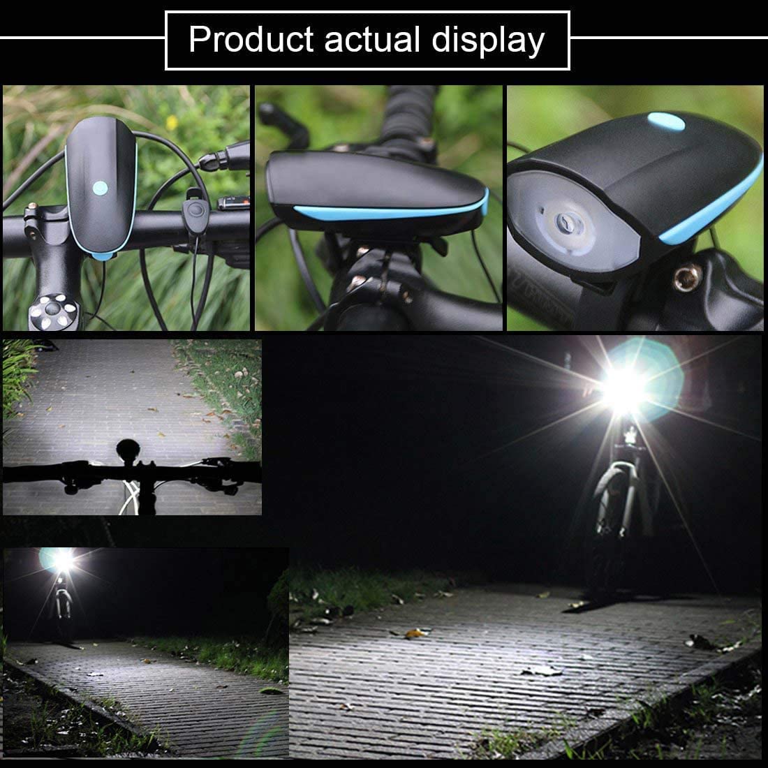 "Rechargeable LED front light with 140 dB horn for bicycle all side view"
