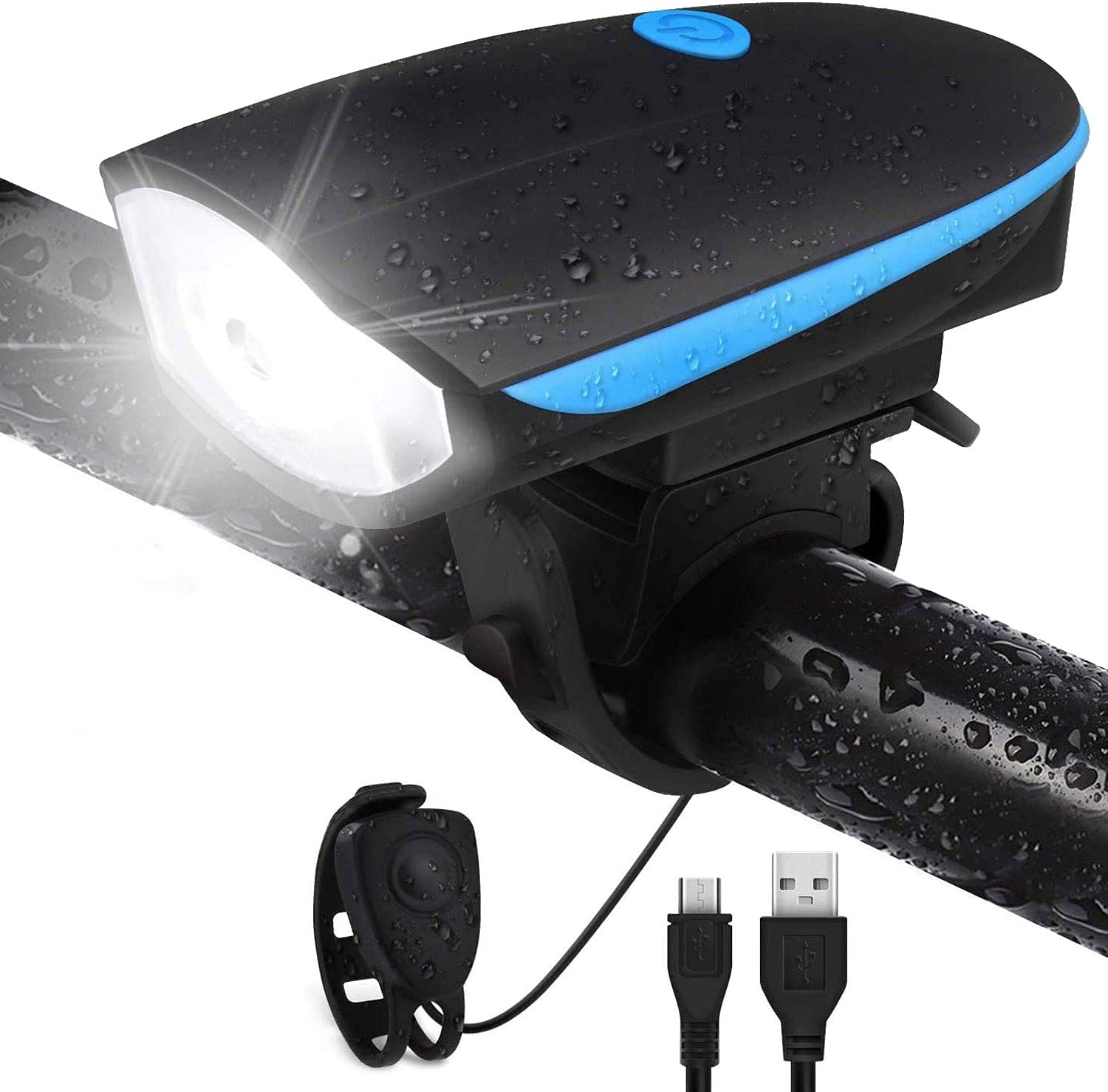 "Rechargeable LED front light with 140 dB horn for bicycle – front view"
