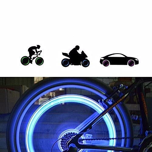 Bicycle wheel with blue glowing LED valve light – compatible with cycles, motorcycles, and cars as shown by icons above

