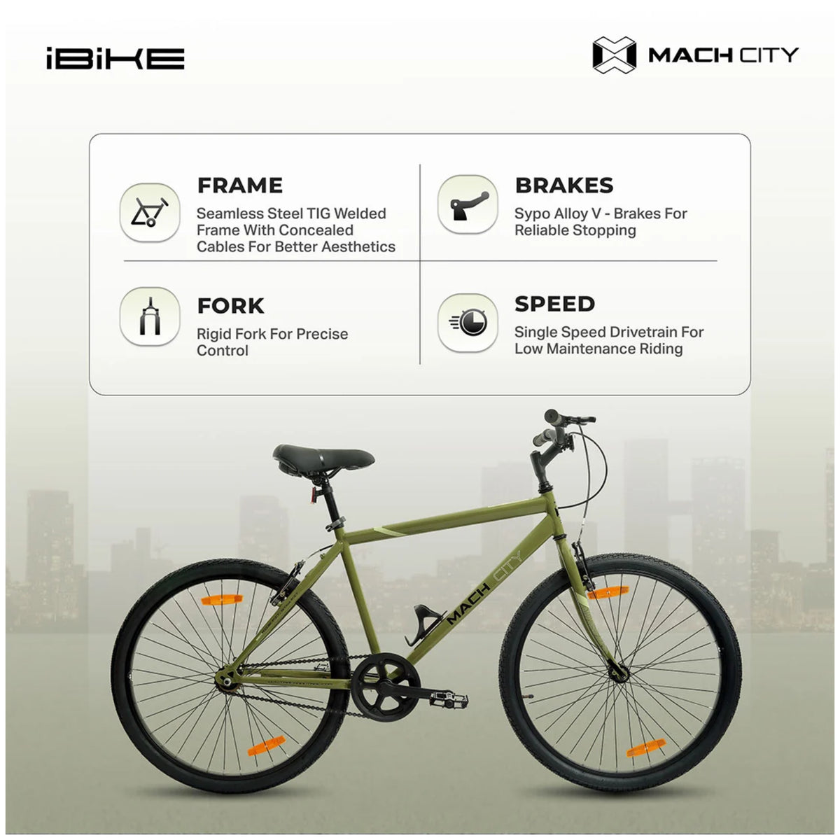 Mach City iBike 26T Olive Green cycle showing frame brakes fork and single speed details