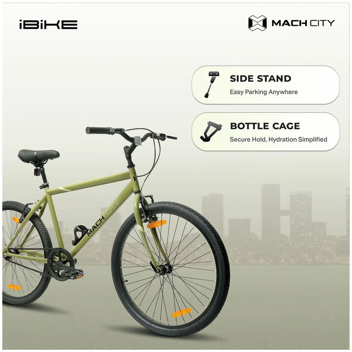 Mach City iBike 26T Olive Green cycle showing side stand and bottle cage