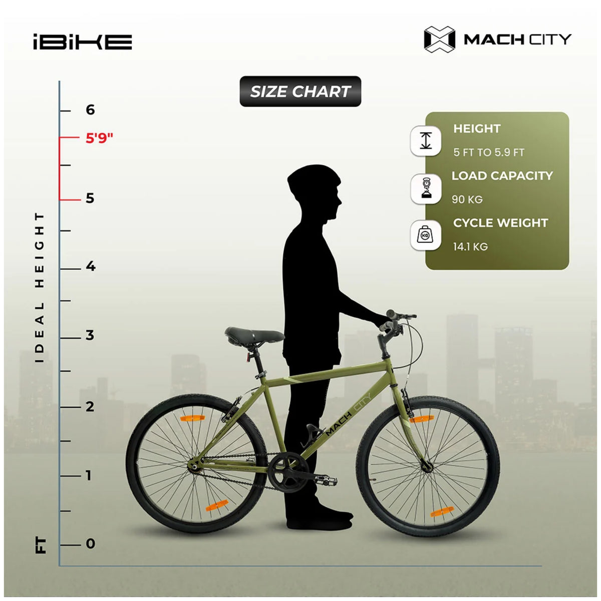 Mach City iBike 26T cycle size chart showing rider height and cycle measurements