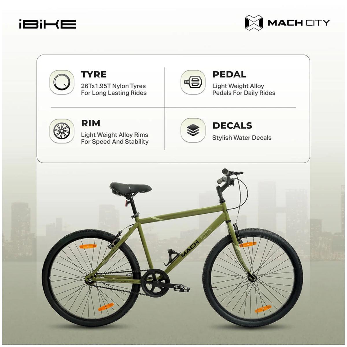 Mach City iBike 26T Olive Green cycle showing tyre rim pedal and decal details