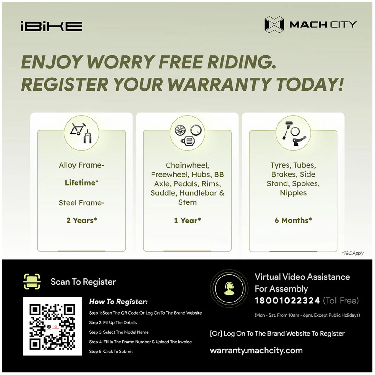 Mach City iBike 26T cycle warranty registration and warranty details