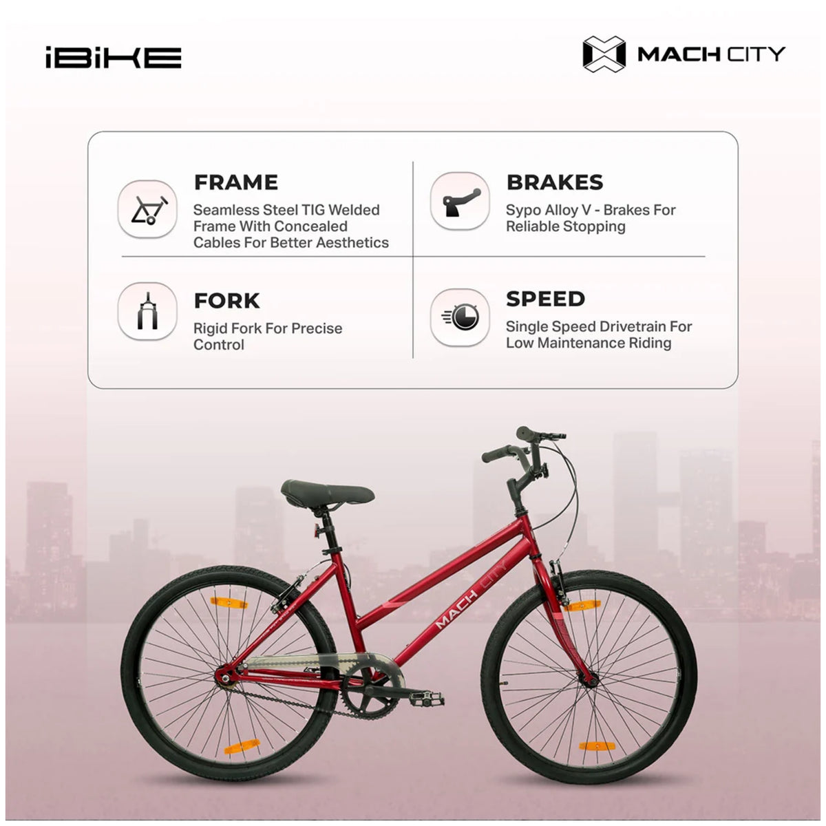 Mach City iBike Women 26T Red cycle showing frame brakes fork and single speed details
