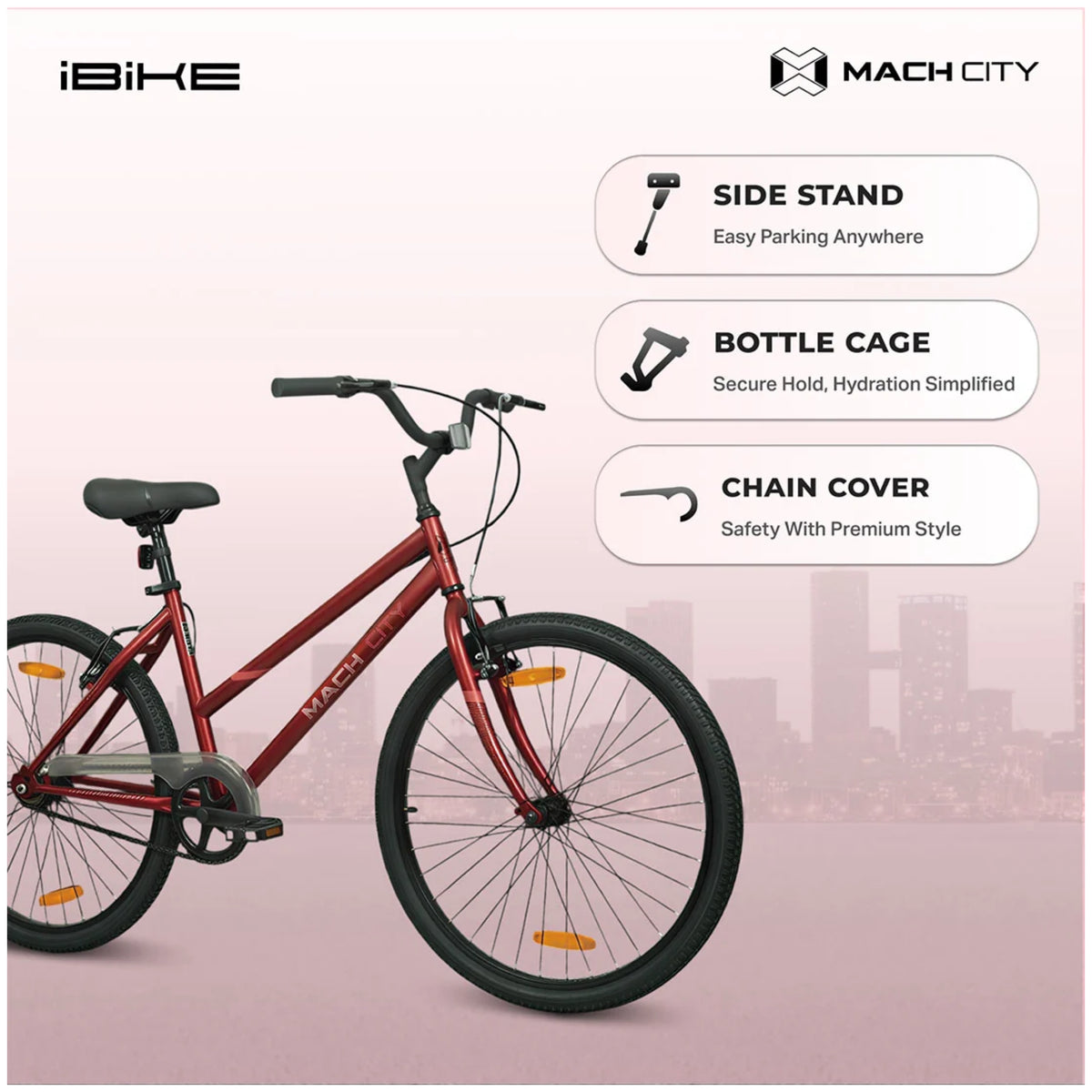 Mach City iBike Women 26T Red cycle showing side stand bottle cage and chain cover