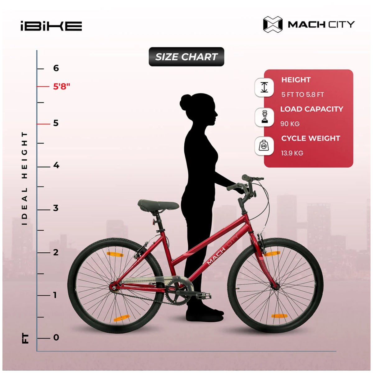Mach City iBike Women 26T Red cycle size chart with rider height and cycle measurements