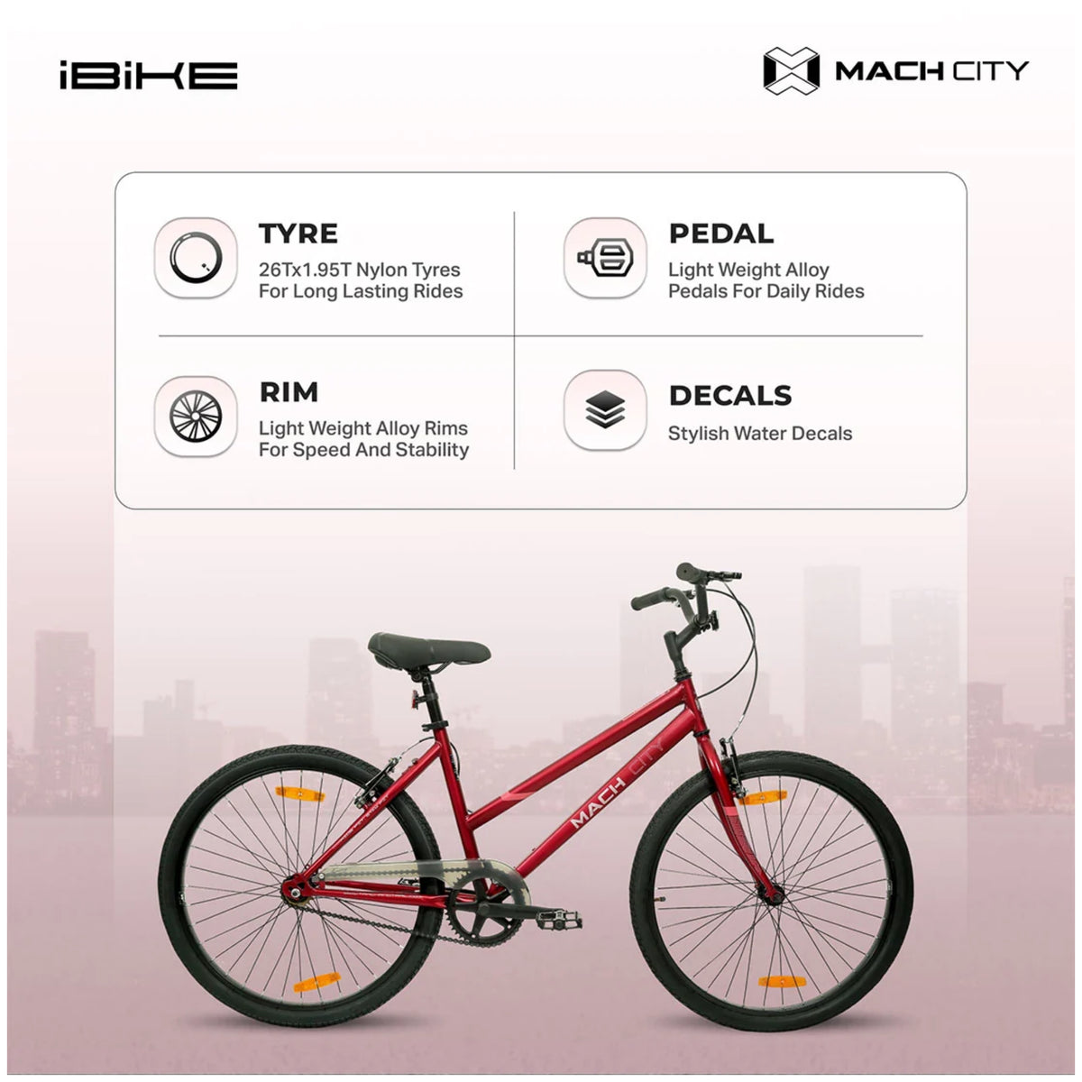 Mach City iBike Women 26T Red cycle showing tyre rim pedal and decal details