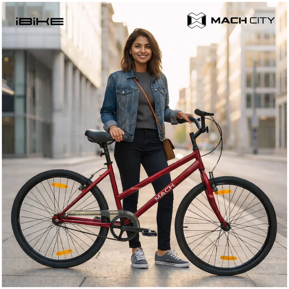 Mach City iBike Women 26T Red city cycle with woman rider