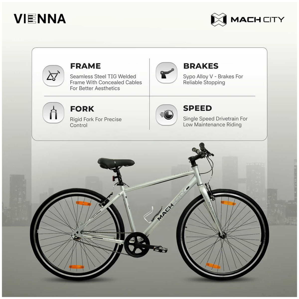 Mach City Vienna 700C Sparkle Silver cycle showing frame brakes fork and single speed details