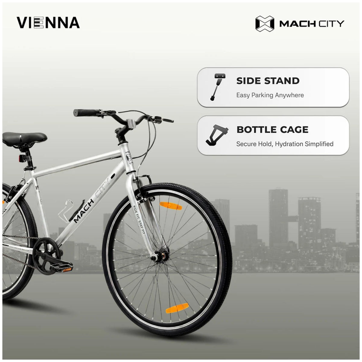 Mach City Vienna 700C Sparkle Silver cycle showing side stand and bottle cage