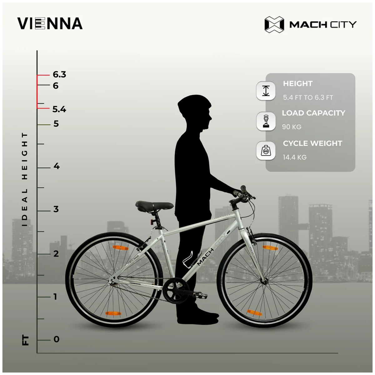 Mach City Vienna 700C cycle size chart showing rider height and cycle measurements
