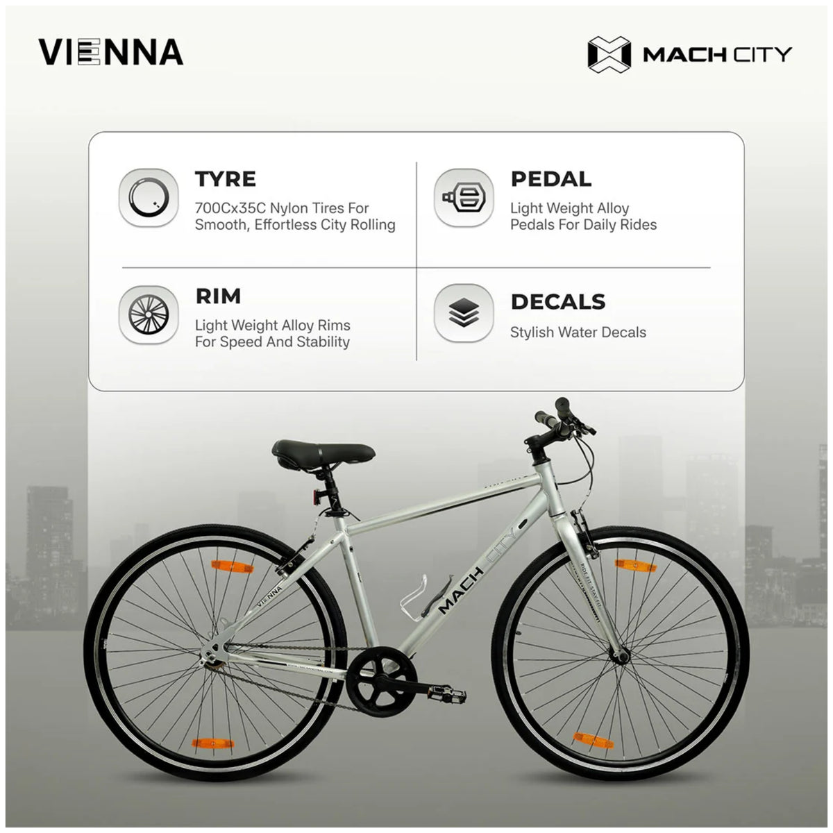 Mach City Vienna 700C Sparkle Silver cycle showing tyre rim pedal and decal details