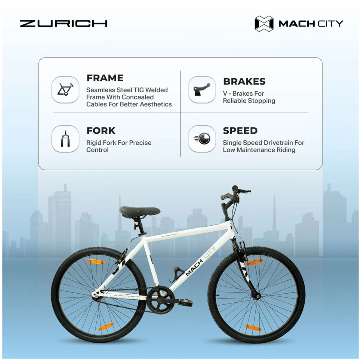 Mach City Zurich Gents 26T Ivory White cycle showing frame brakes fork and single speed