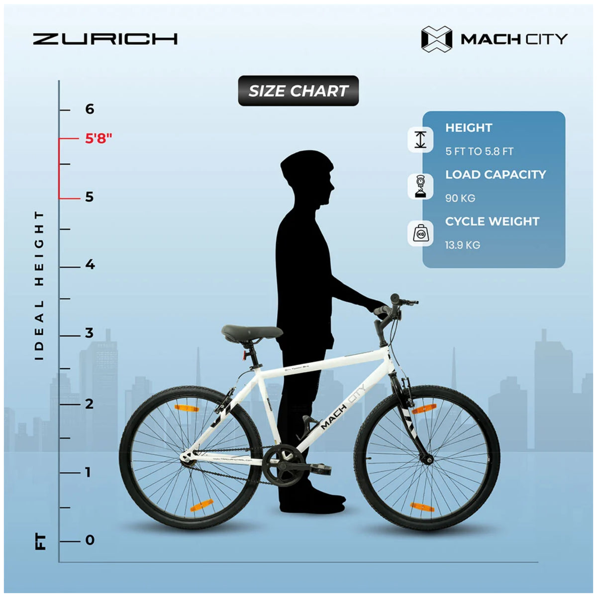 Mach City Zurich Gents 26T cycle size chart showing rider height and cycle measurements