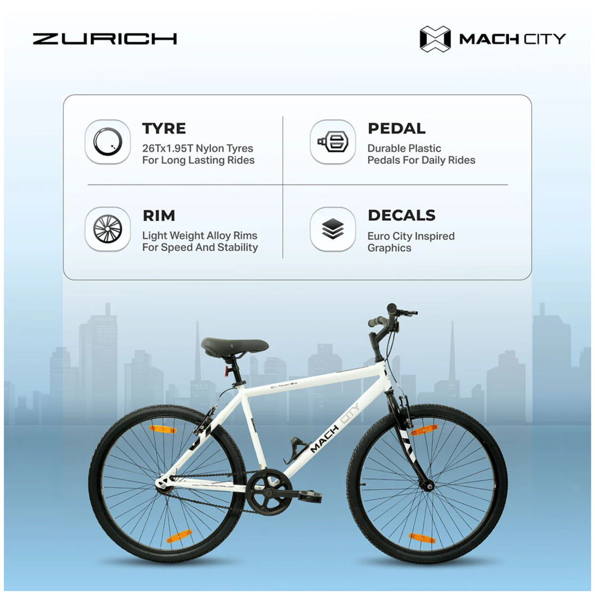 Mach City Zurich Gents 26T Ivory White cycle showing tyre rim pedal and component details