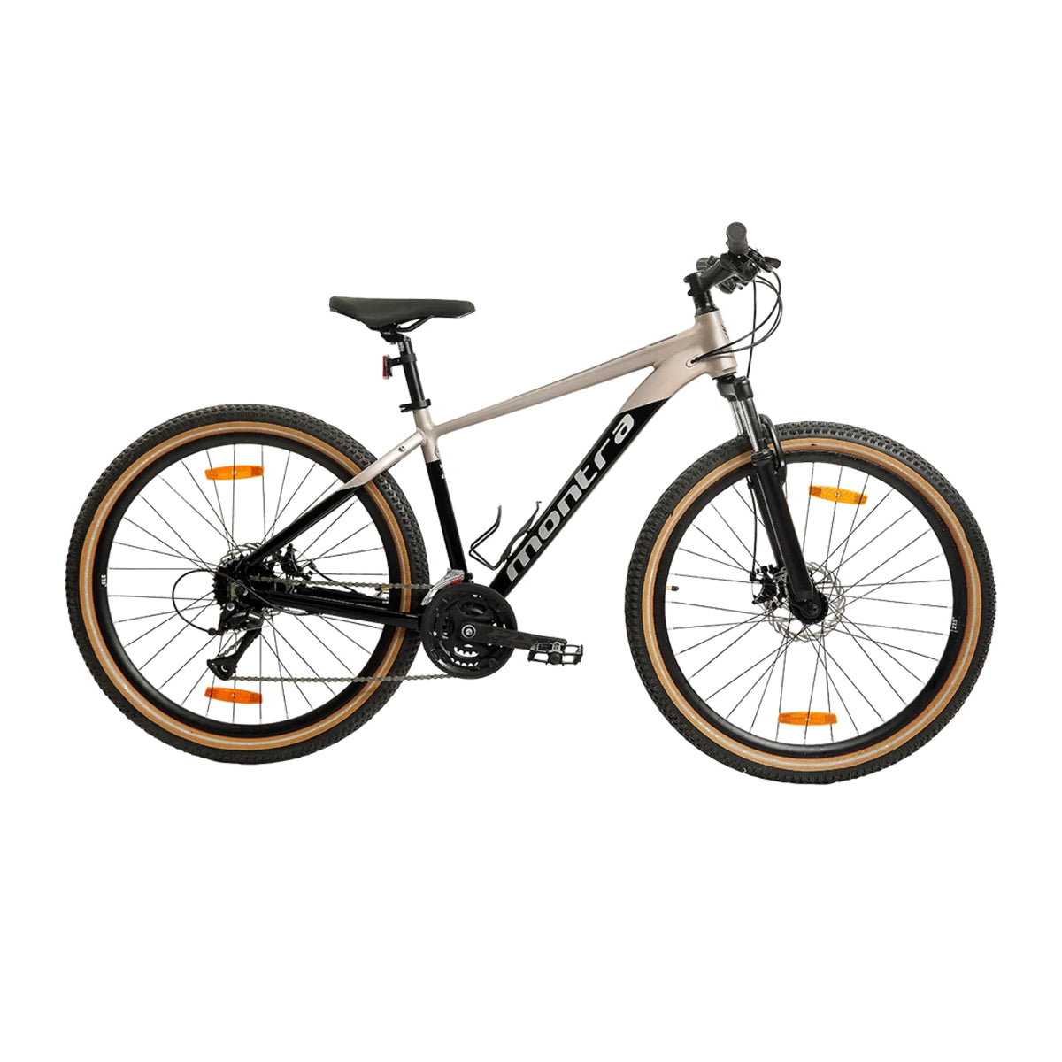 Montra Metal titanium MTB cycle side view with front suspension and dual disc brakes