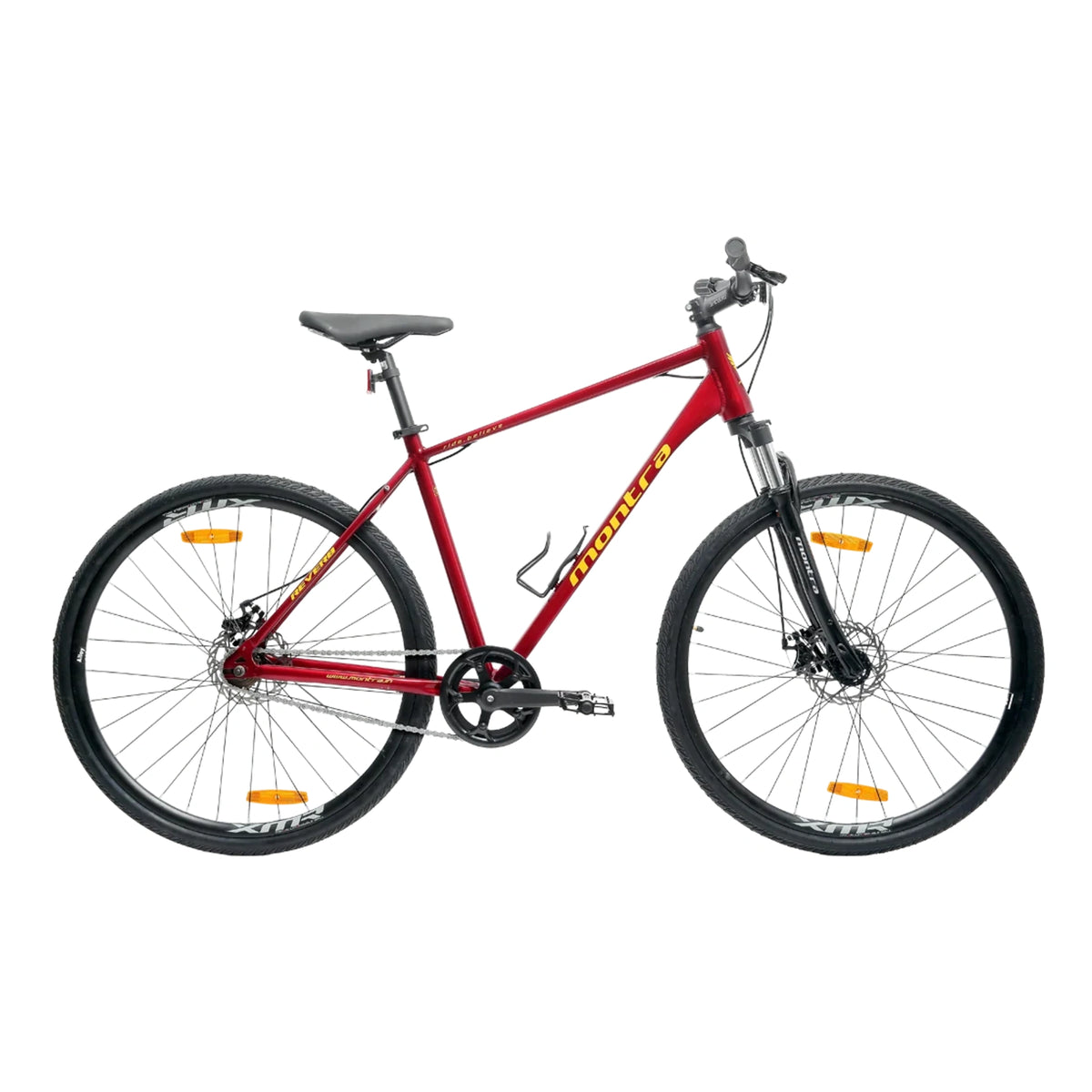 Montra Reverb hybrid cycle with dual disc brakes and 700C tyres in red