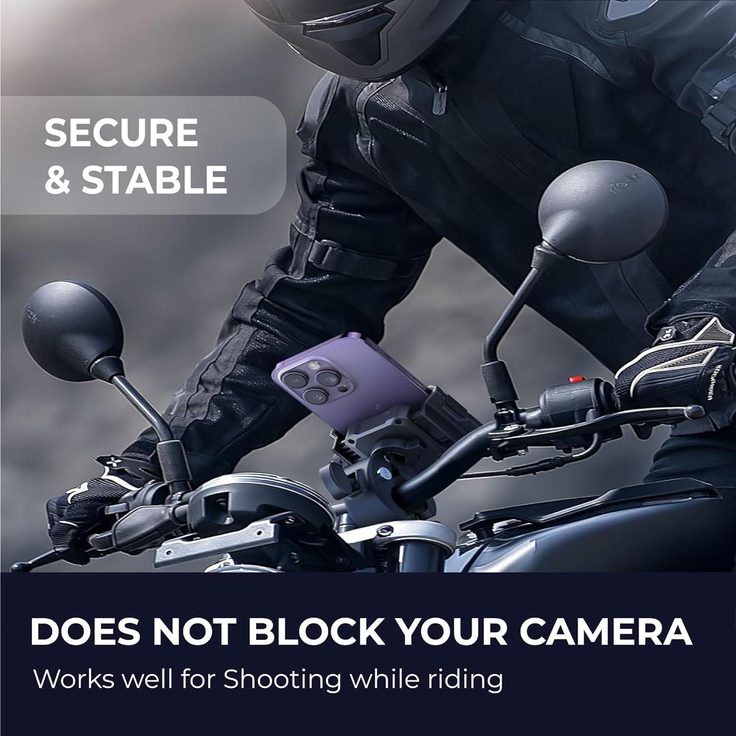 Motorbike mobile holder mounted securely without blocking the rear camera — ideal for vlogging or navigation while riding.

