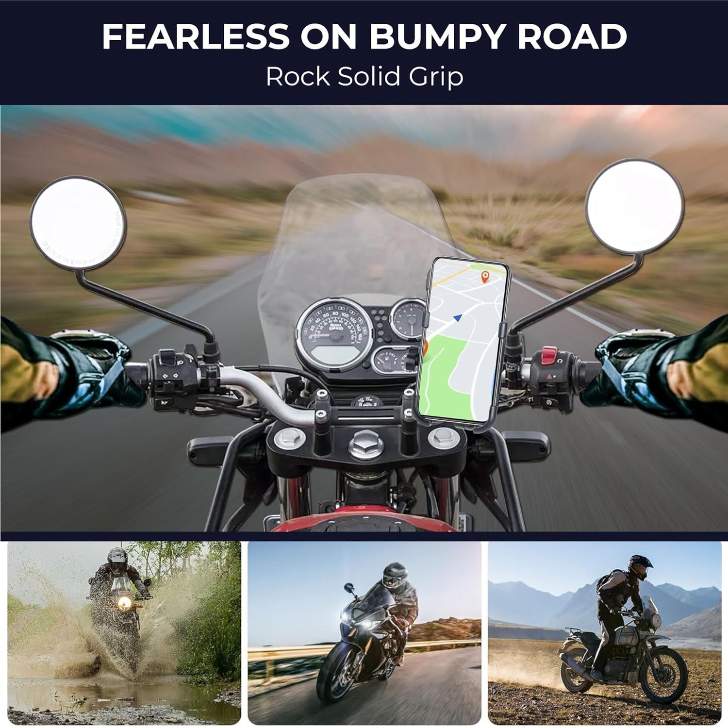 Motorbike mobile holder in action – securely holding phone on bumpy road with GPS navigation, showcasing real-world riding conditions including water, dirt, and highways.

