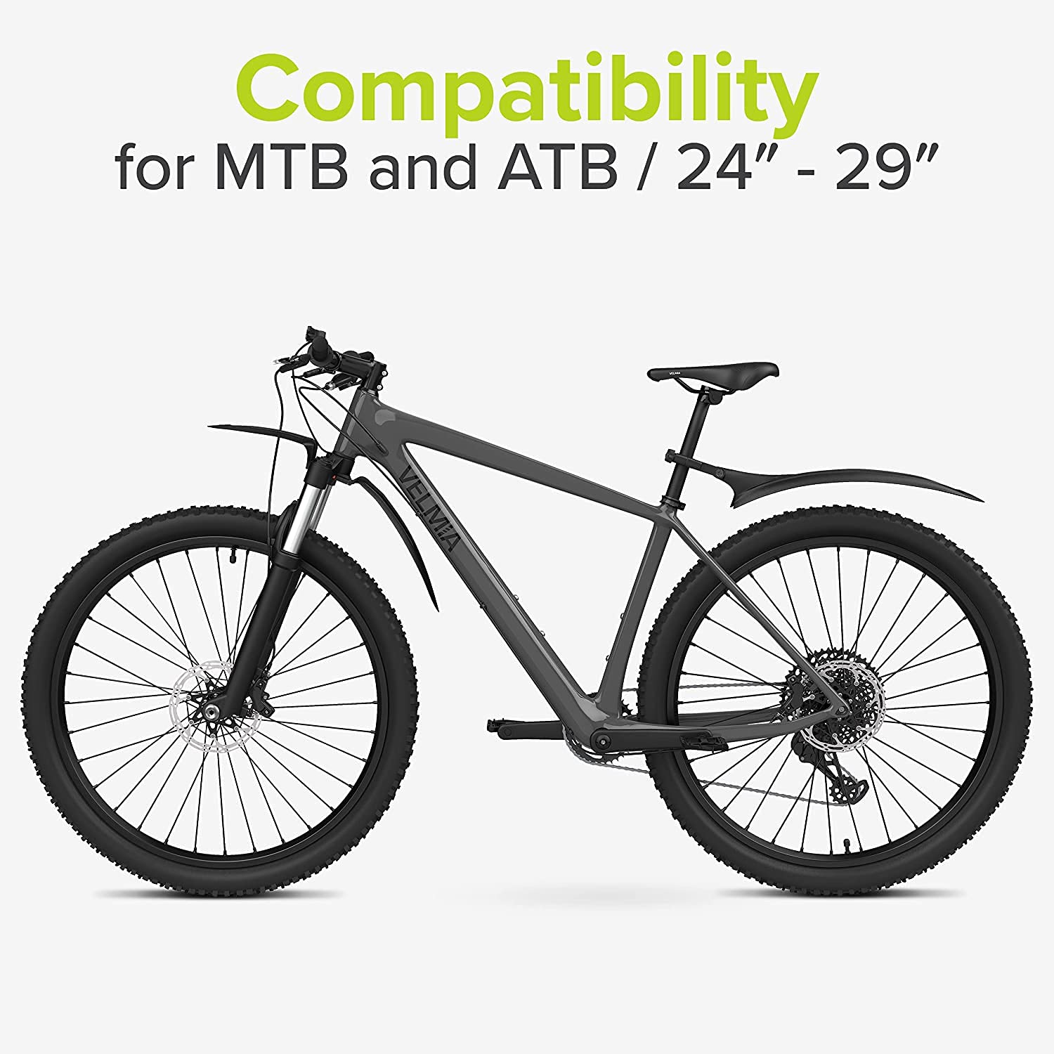 Mountain bike with mudguards showing compatibility for MTB and ATB cycles ranging from 24 inch to 29 inch wheel sizes.
