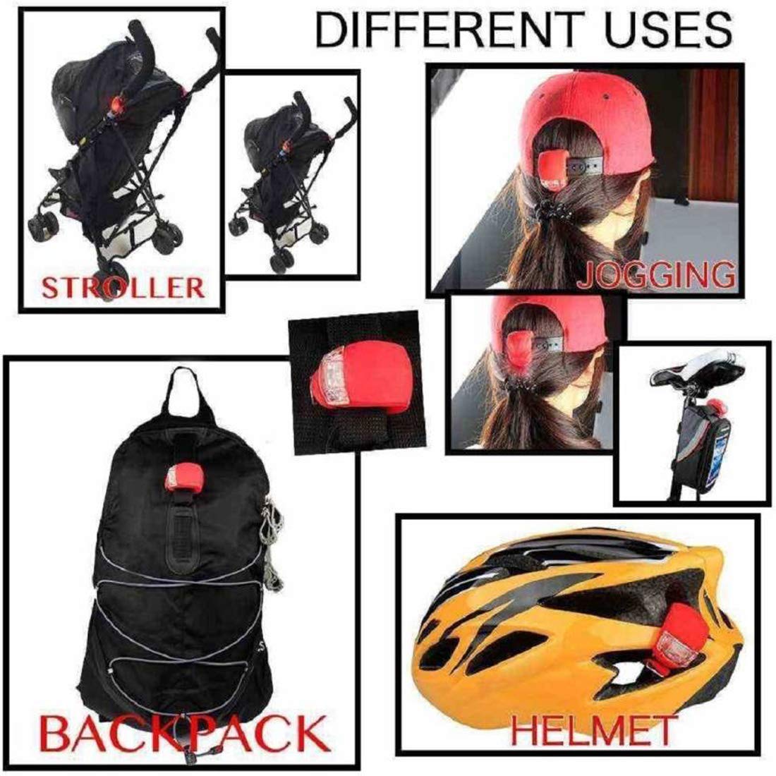 Red LED safety clip light used for various purposes like stroller attachment, jogging on caps, backpack mounting, bicycle seat, and helmet visibility.

