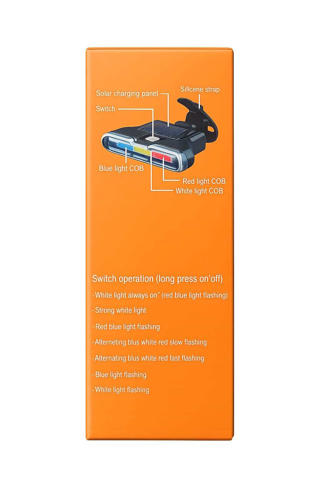 Police back light for cycle parts diagram showing solar panel, switch, red blue white COB LED and 7 light modes including flash and brake sensing