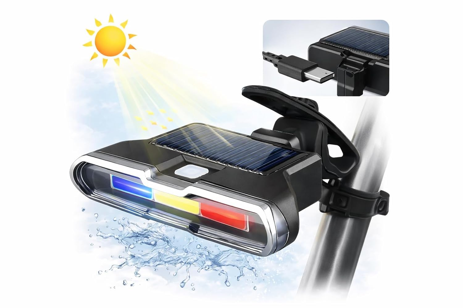 Police cycle light mounted on bicycle seat post showing solar panel, USB Type-C port and waterproof splash-proof design

