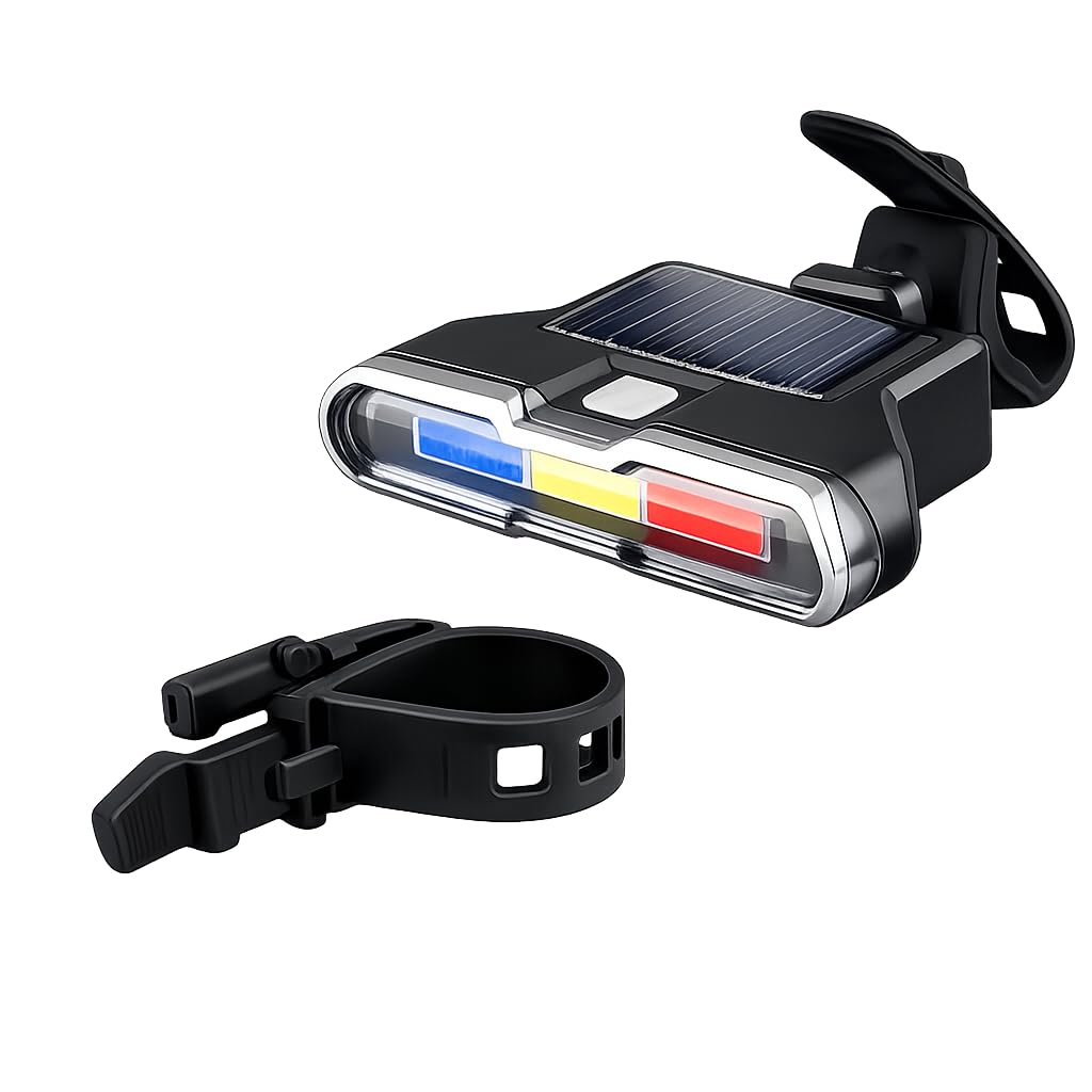 Police light for cycle with solar and USB charging, red blue yellow LED rear safety light