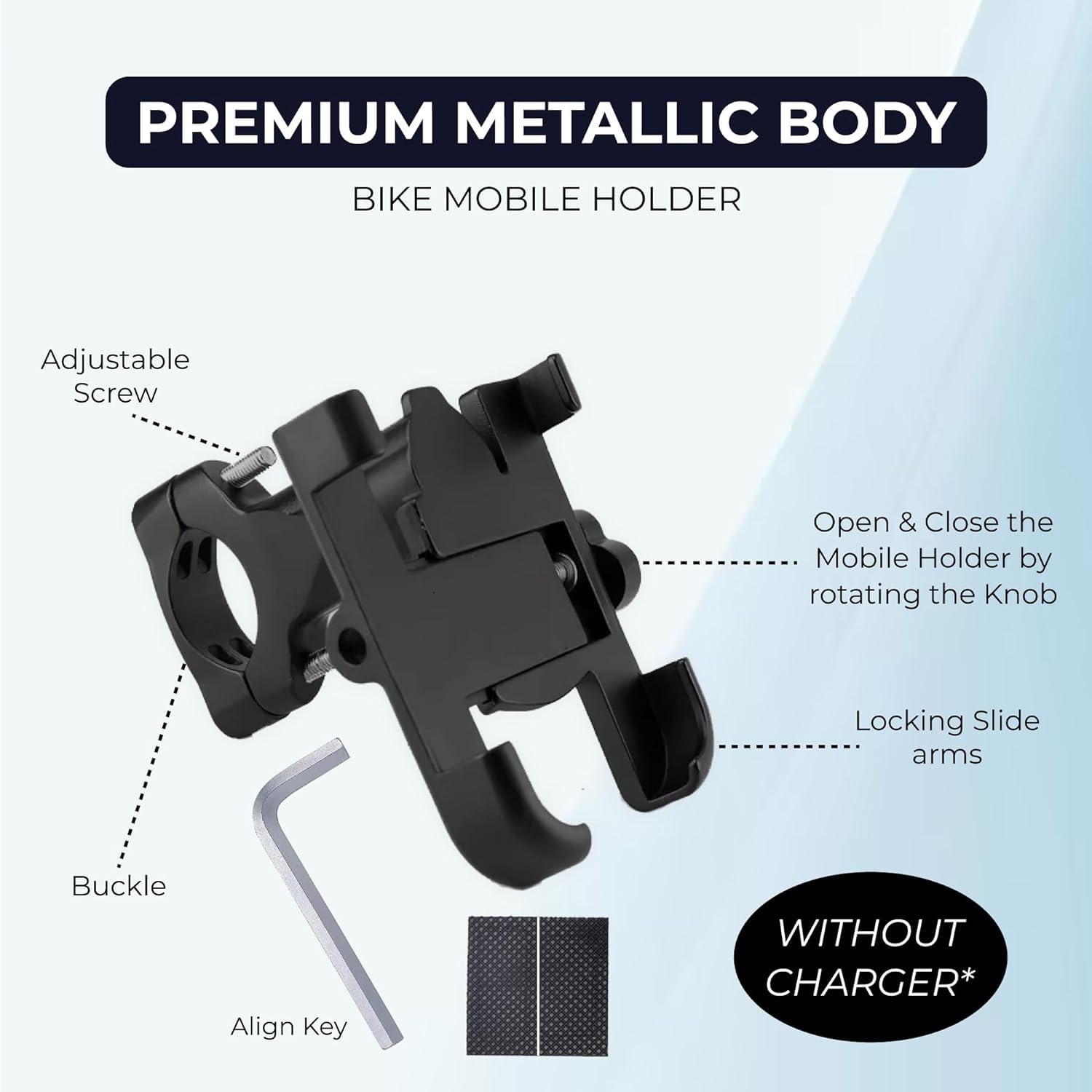 Premium black metallic bike mobile holder with adjustable clamp, locking slide arms, and alignment key — no charger included.

