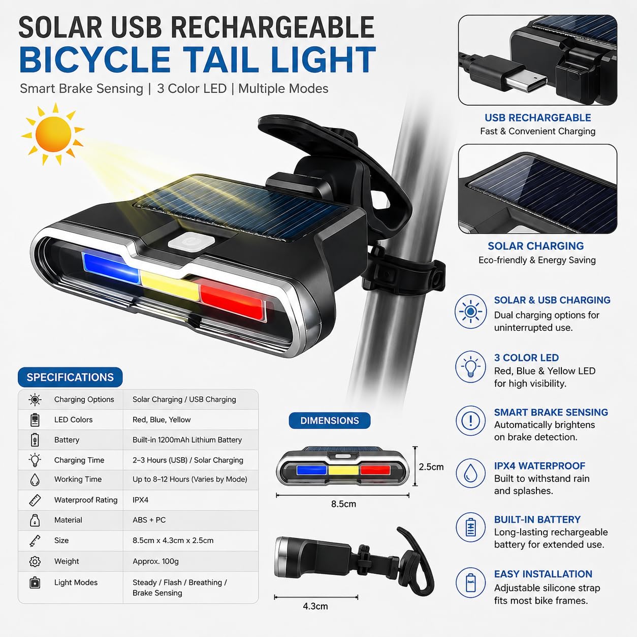 Rechargeable police cycle tail light full specifications showing 1200mAh battery, IPX4 waterproof, red blue yellow LED, 8-12 hour battery life and USB solar charging