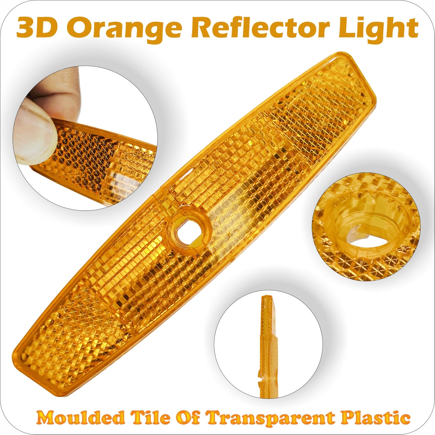 Detailed view of orange bicycle wheel spoke reflector made from transparent molded plastic with close-up highlights on a white background
