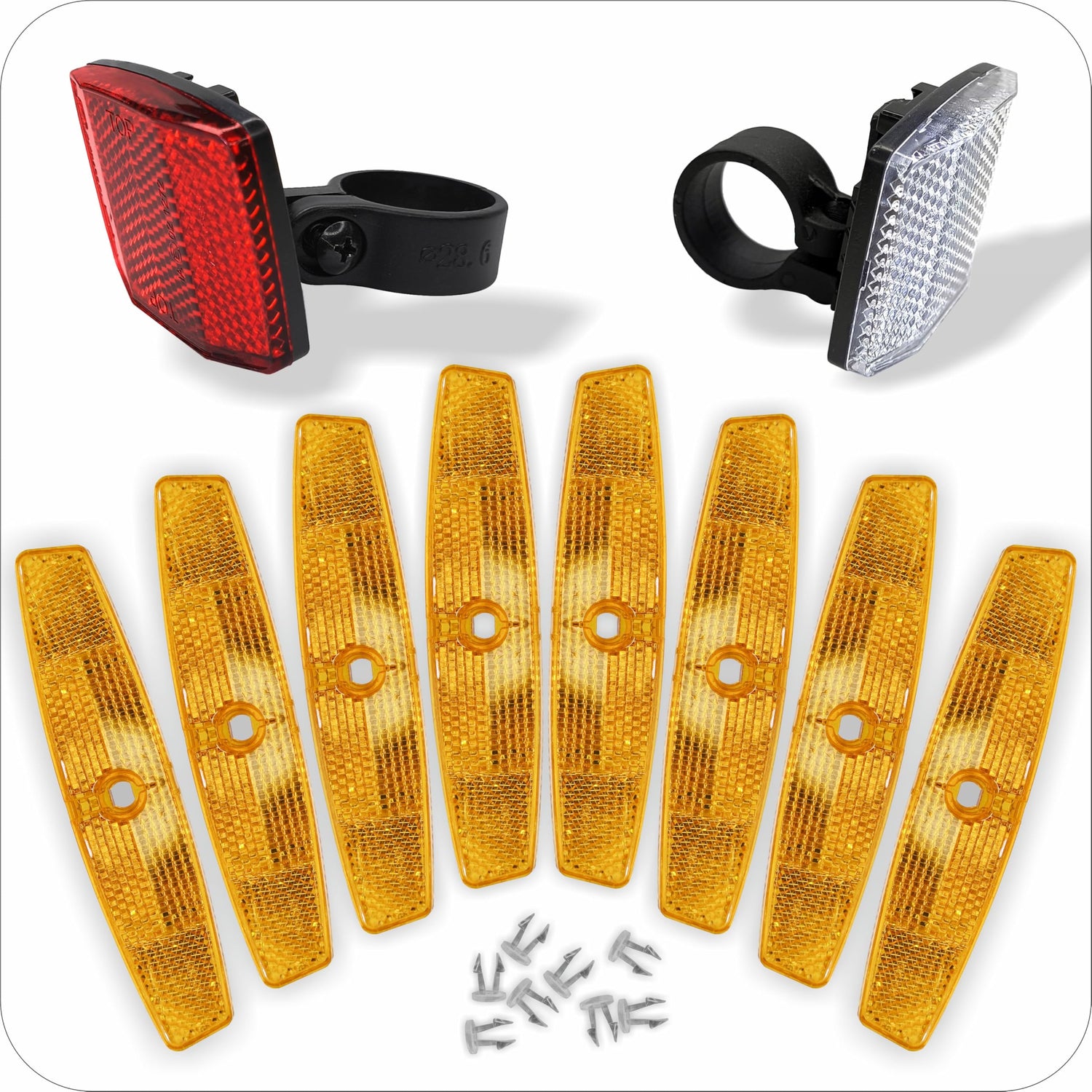 Cycle reflector kit including red rear light, white front light, and 8 yellow spoke reflectors with mounting screws on white background
