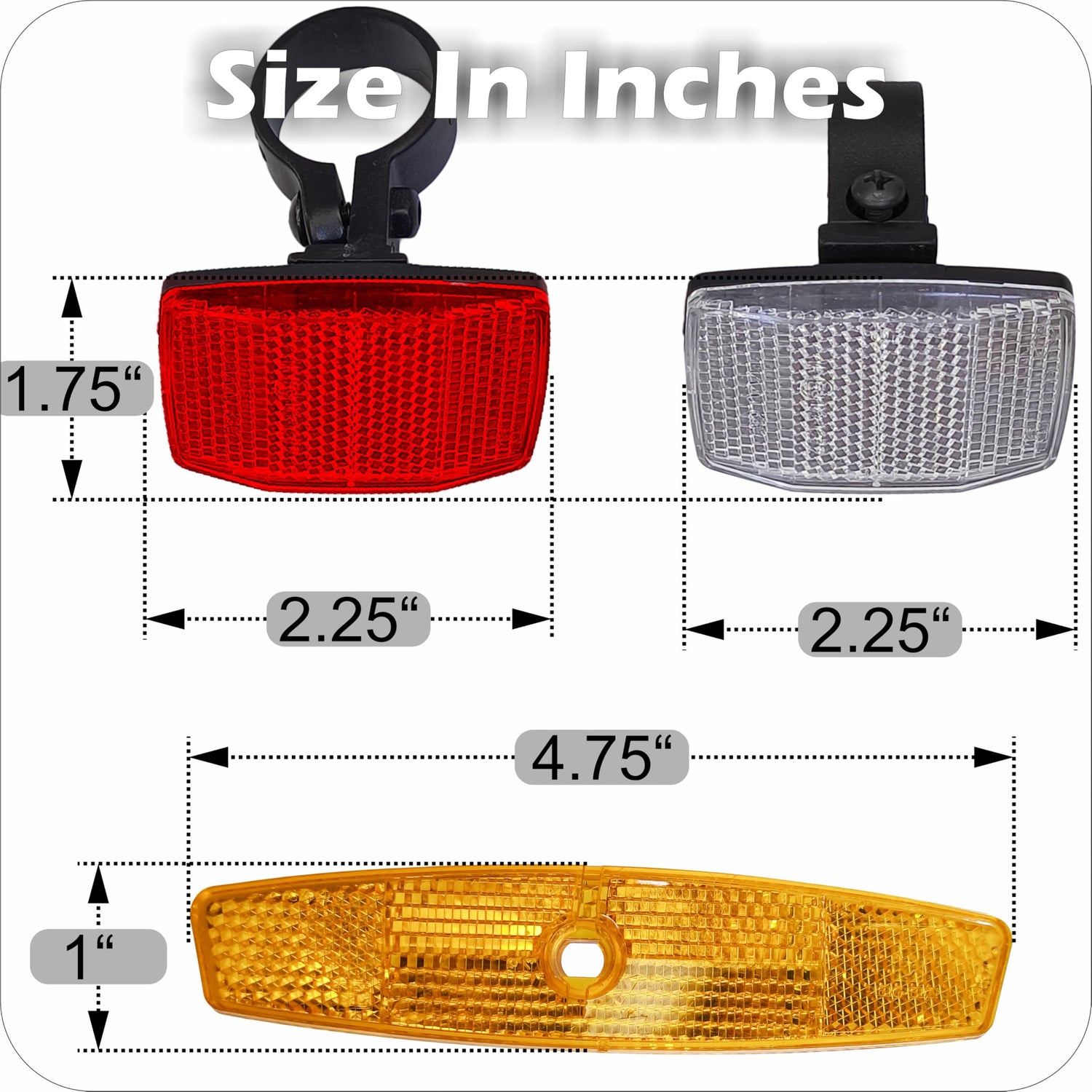 Bicycle reflectors in red, white, and orange with size measurements in inches displayed on a white background.

