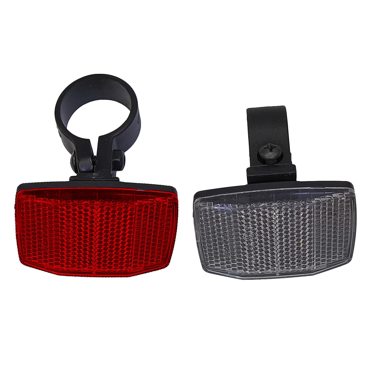 Cycle reflectors set featuring red rear and white front reflectors with mounting clips on a white background
