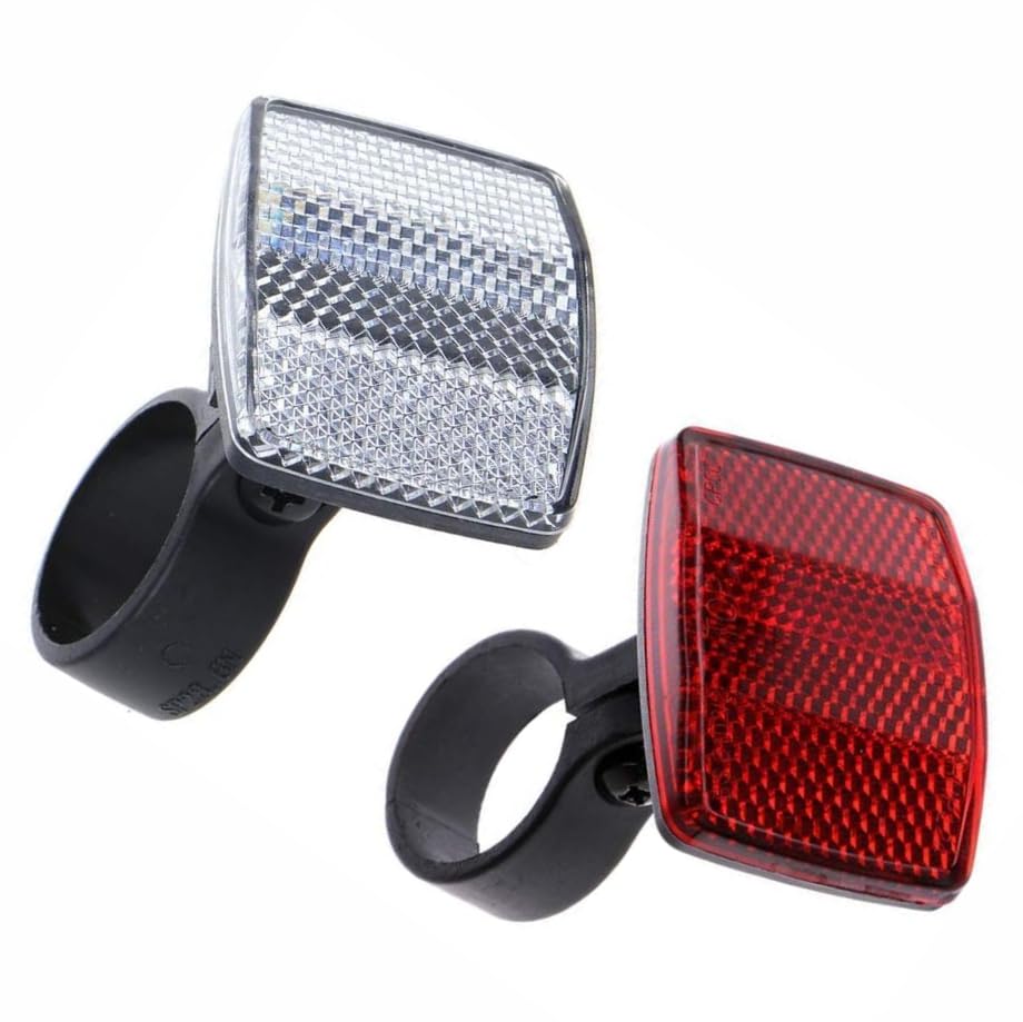Red and white plastic cycle reflectors for front and rear safety – 2pc set for handlebar and seatpost

