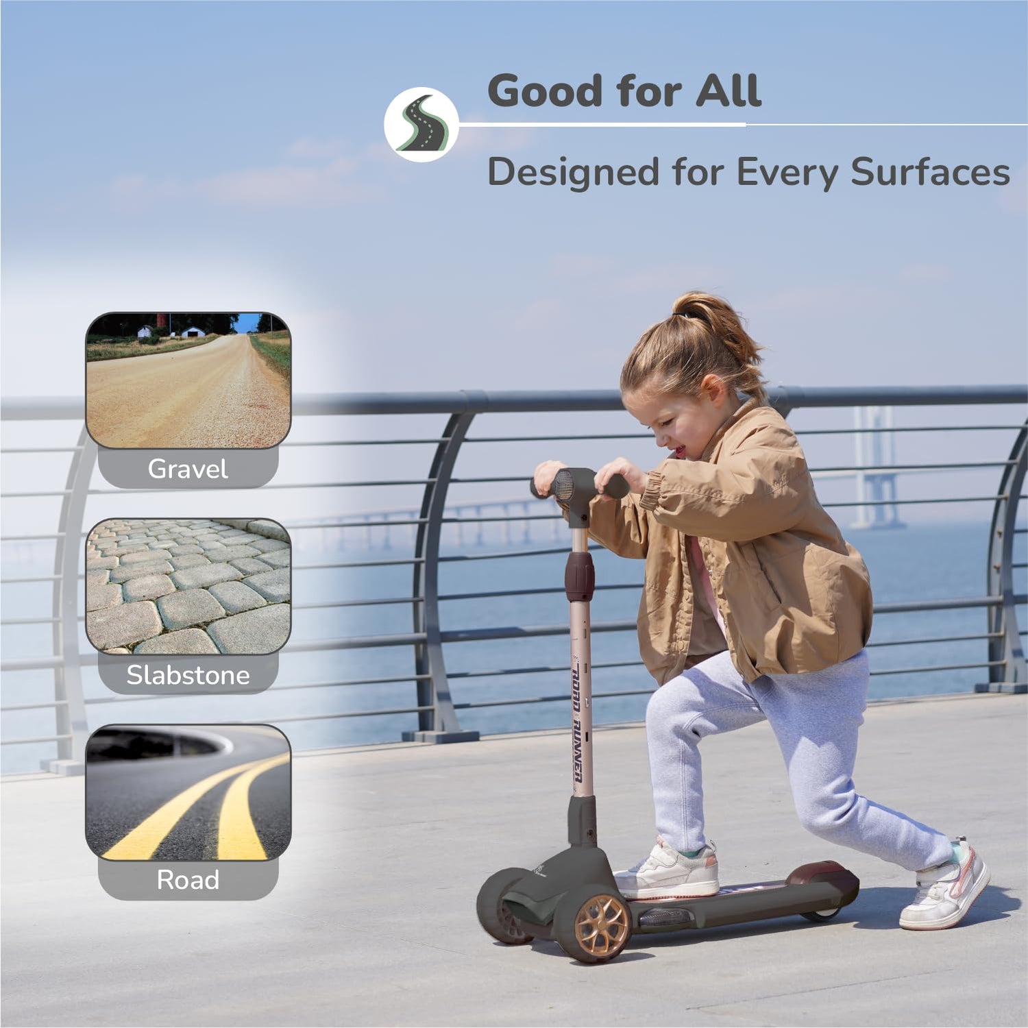 Kids riding R for Rabbit Road Runner Blaze scooter on multiple surfaces