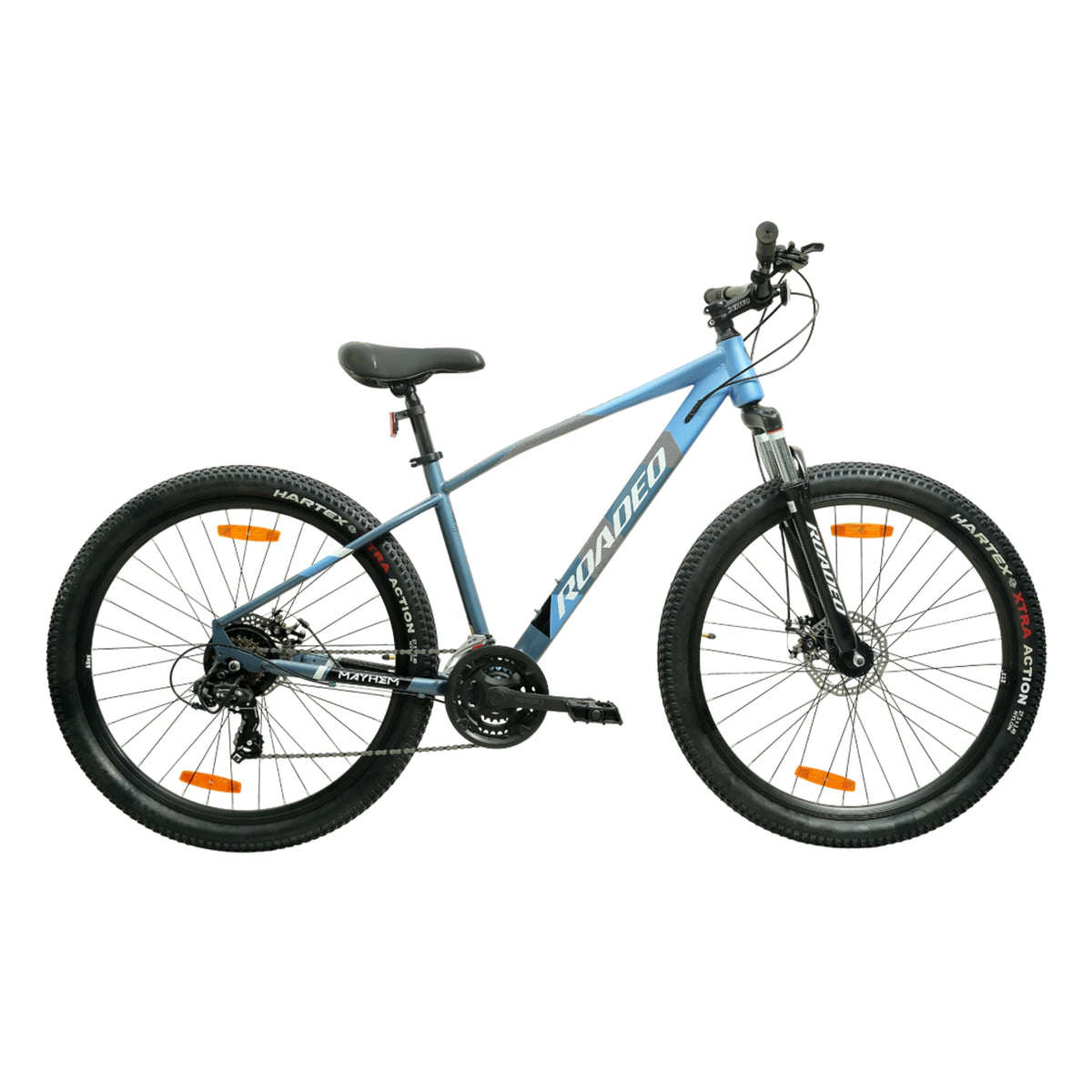 Hercules Roadeo Mayhem mountain bike in blue with 21 speed drivetrain