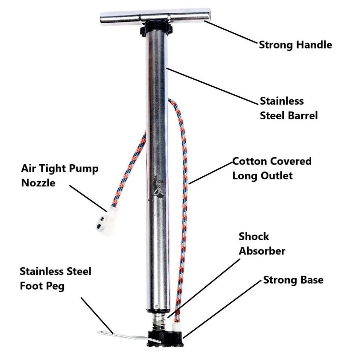 Steel bicycle air pump showing stainless steel barrel and foot peg