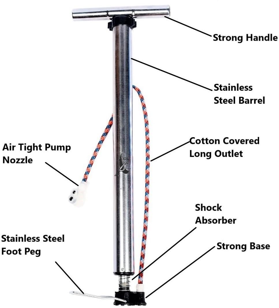 Steel bicycle pump parts diagram showing T-handle, stainless steel barrel, cotton hose, shock absorber and foot peg, made in India