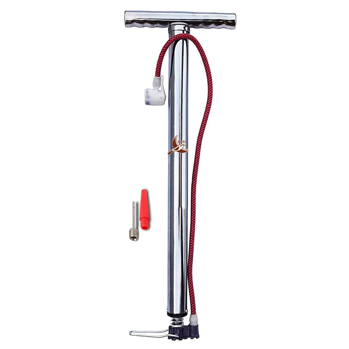 Steel cycle air pump with dual head and long red hose