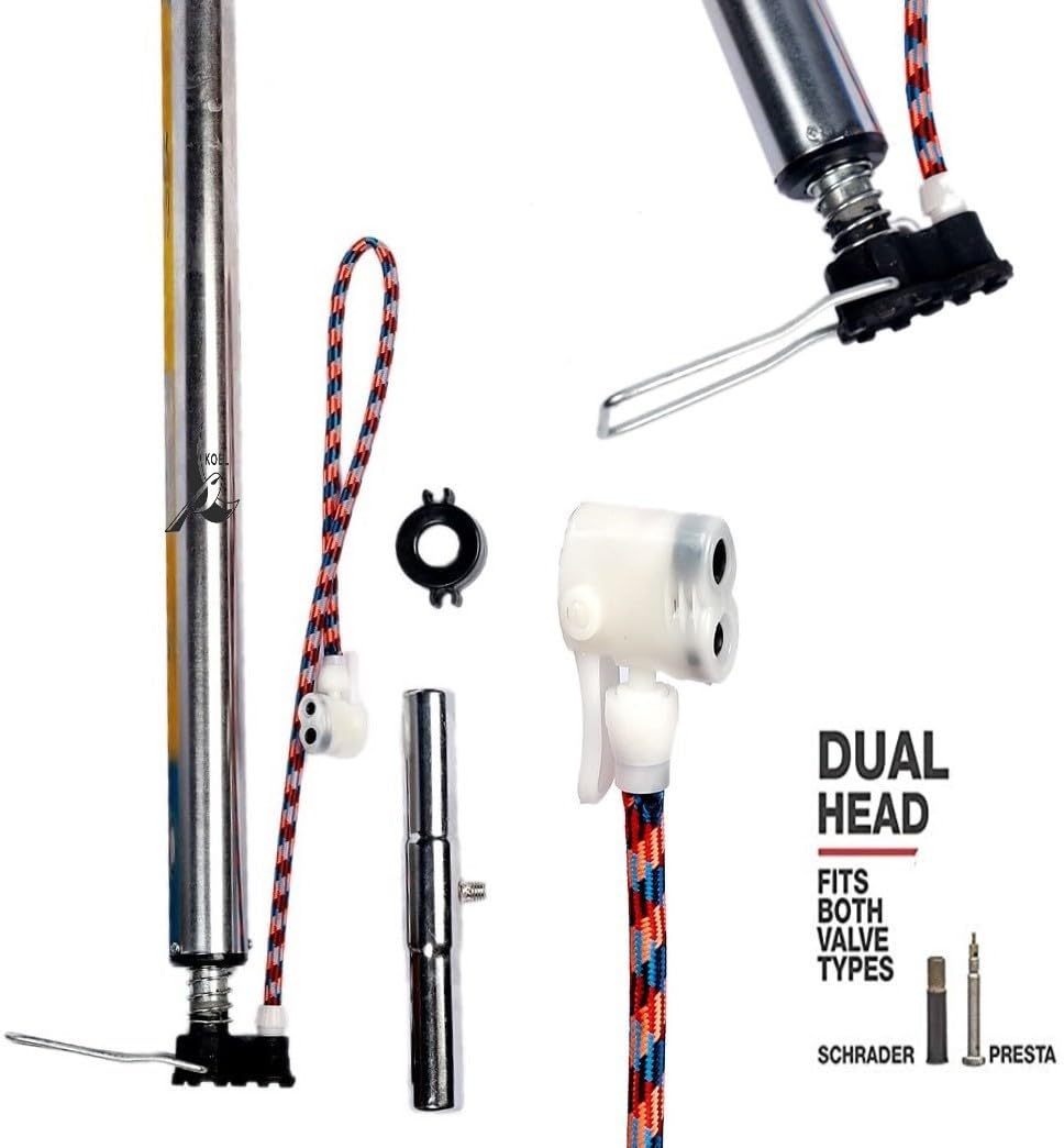 Steel cycle air pump accessories showing dual head Schrader Presta nozzle, ball needle and inflation cone for sports balls

