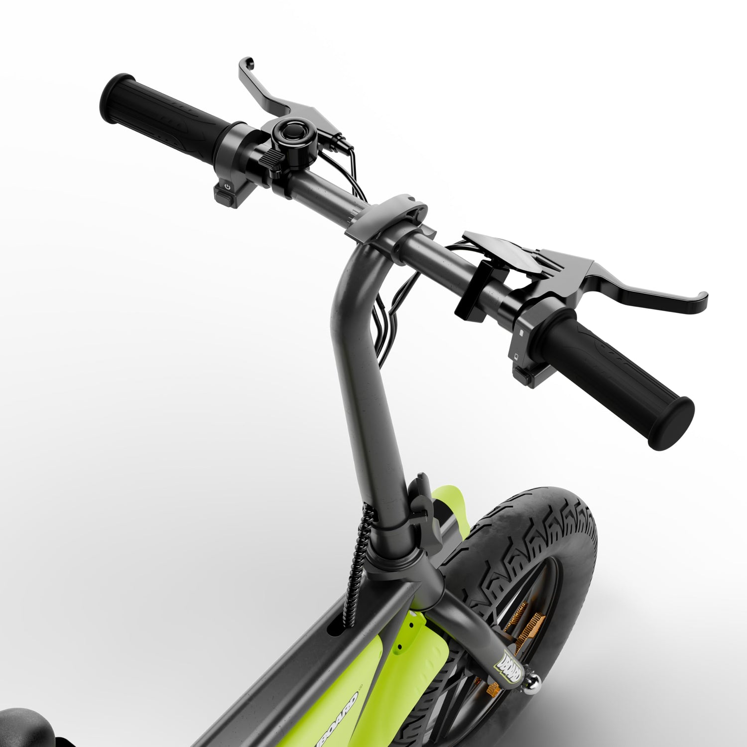 "Handlebar view of UBOARD Space Bike electric cycle showing display, throttle, and brake levers"

