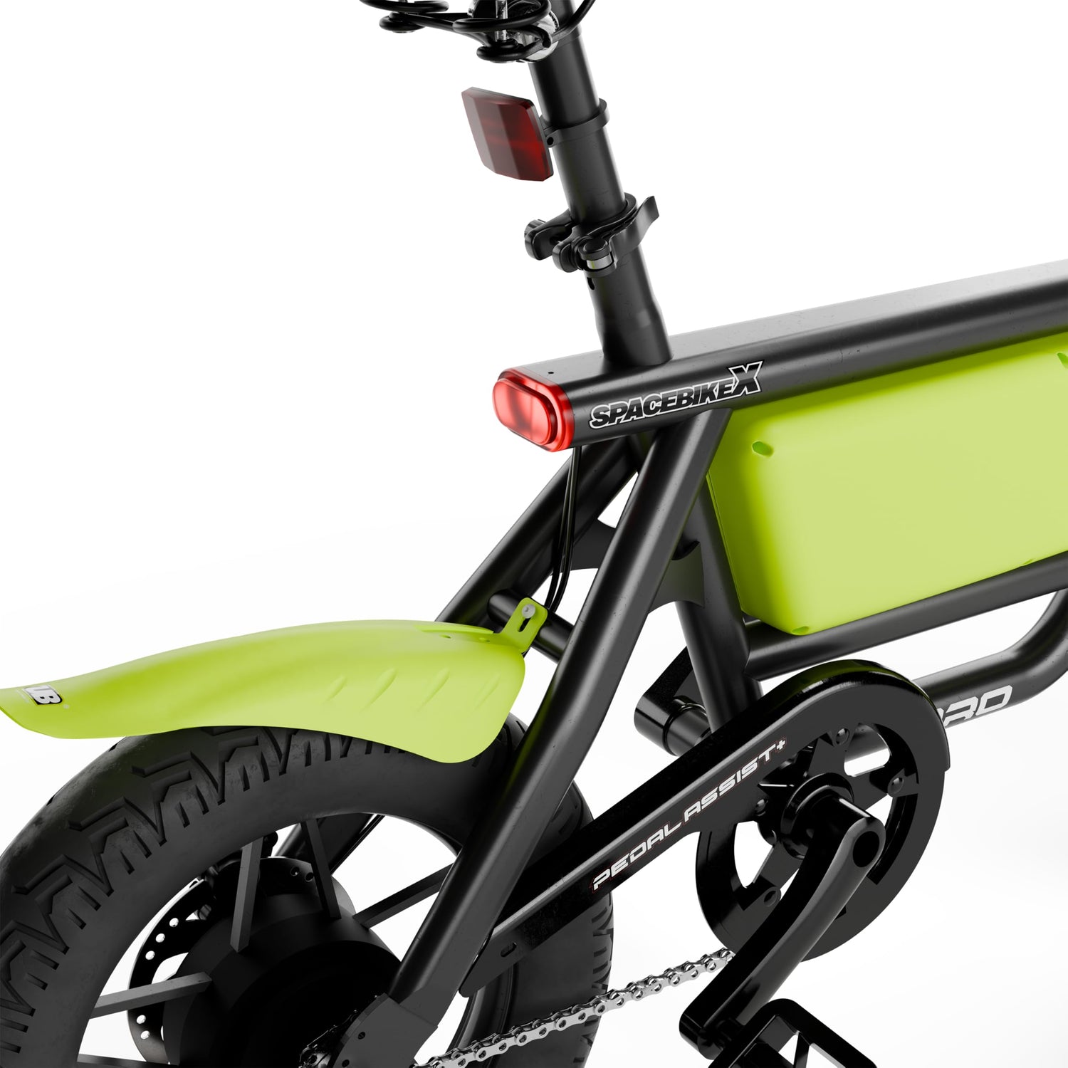 "Rear view of UBOARD Space Bike electric cycle showing back wheel, carrier, and tail reflector"

