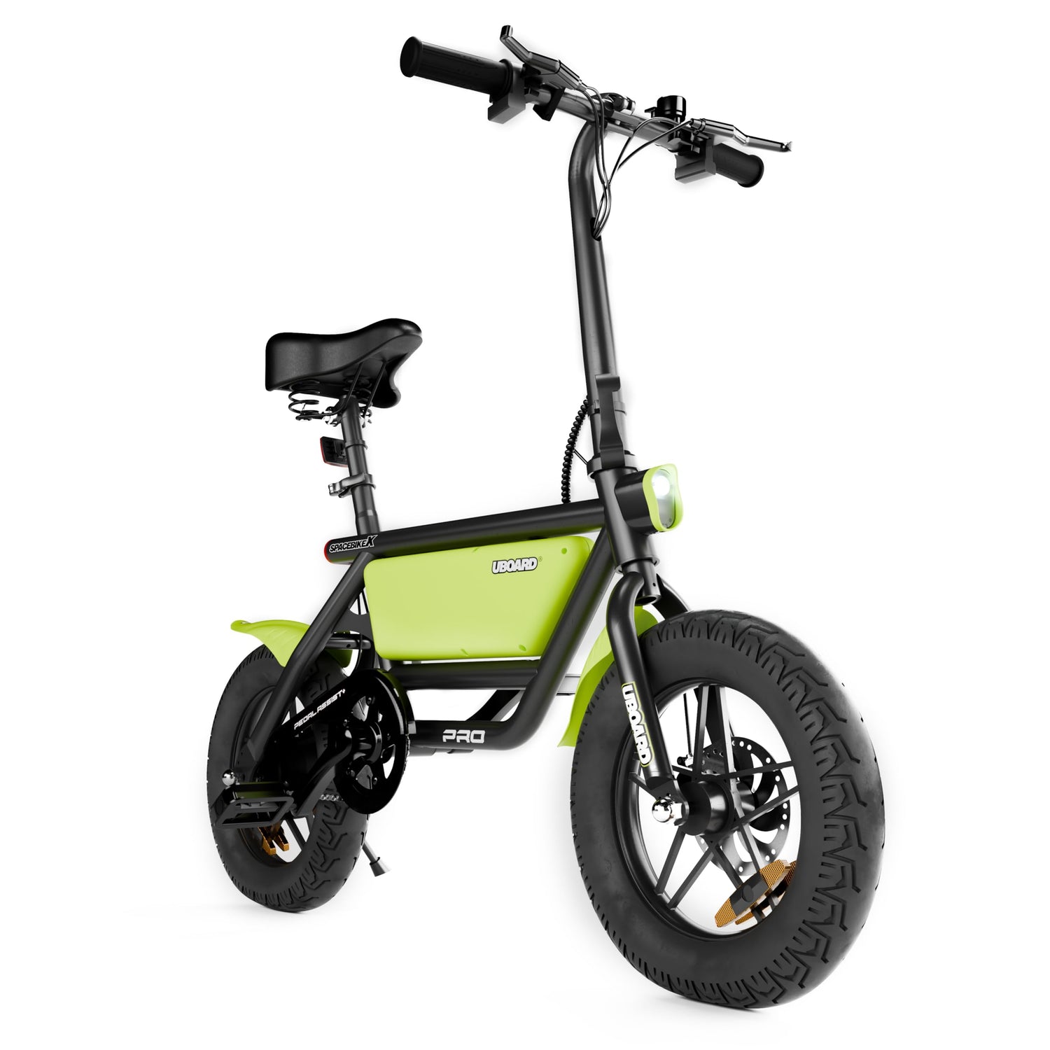 "Side profile of UBOARD Space Bike folding electric cycle with disc brakes and sleek frame"

