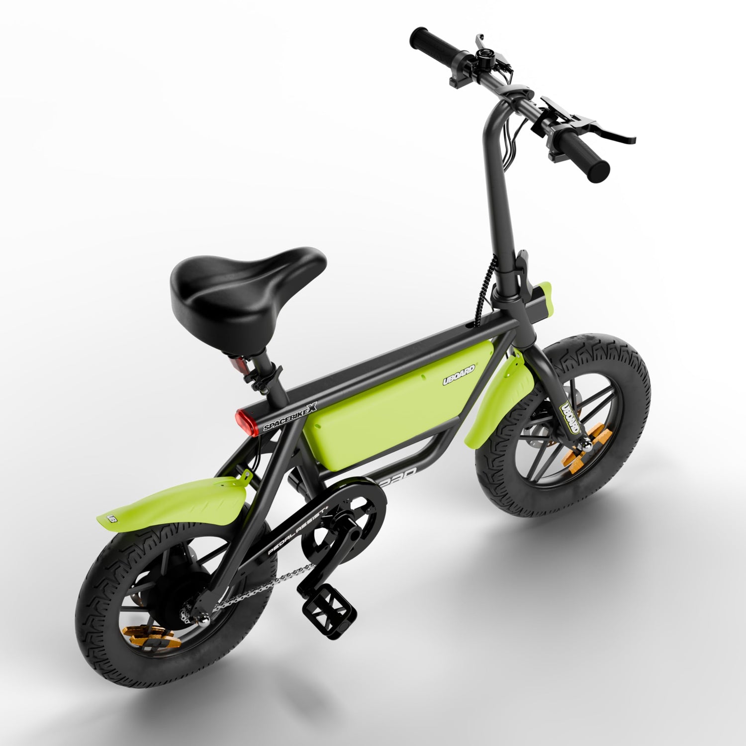 "Side profile of UBOARD Space Bike folding electric cycle with disc brakes and sleek frame"